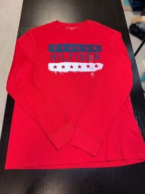 Tommy Hilfiger Red Long Sleeve Logo Tee with Navy and White Stars